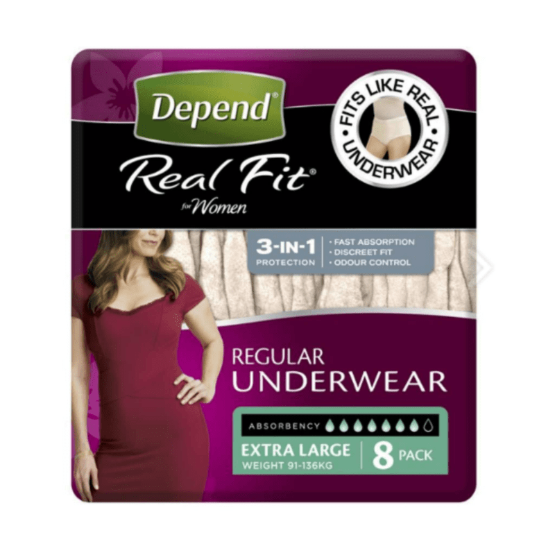 Depend Real Fit Underwear Women - Regular - Aged Care & Medical - Incontinence Pull - Up Pants - Depend - shipping - wide - Melbourne - Australia - incontinence - aids - wheelchair - for - hire - wheelchair - for - rental - bariatric - chair - sit - to - stand - eq