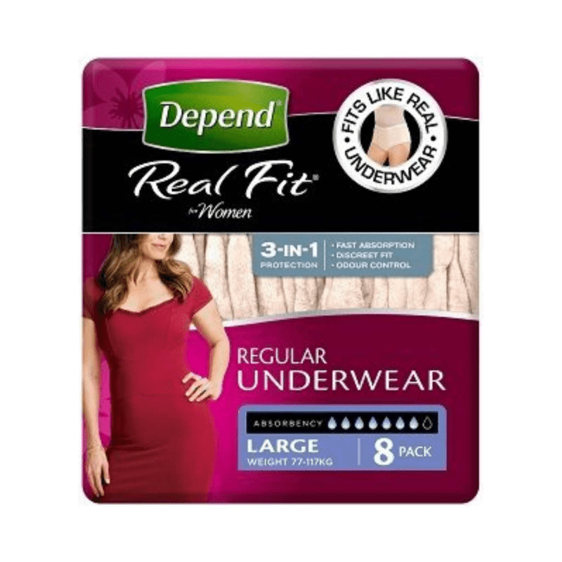 Depend Real Fit Underwear Women - Regular - Aged Care & Medical - Incontinence Pull - Up Pants - Depend - shipping - wide - Melbourne - Australia - incontinence - aids - wheelchair - for - hire - wheelchair - for - rental - bariatric - chair - sit - to - stand - eq