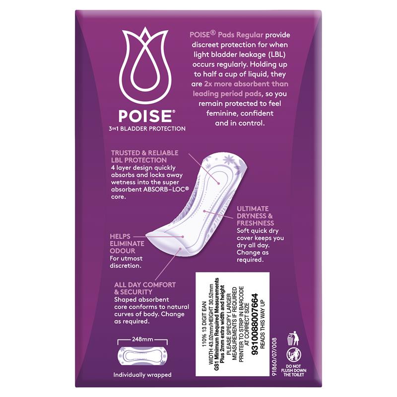 Poise Pads Regular - Aged Care & Medical - Incontinence Pads - Poise - shipping - wide - Melbourne - Australia - incontinence - aids - wheelchair - for - hire - wheelchair - for - rental - bariatric - chair - sit - to - stand - eq